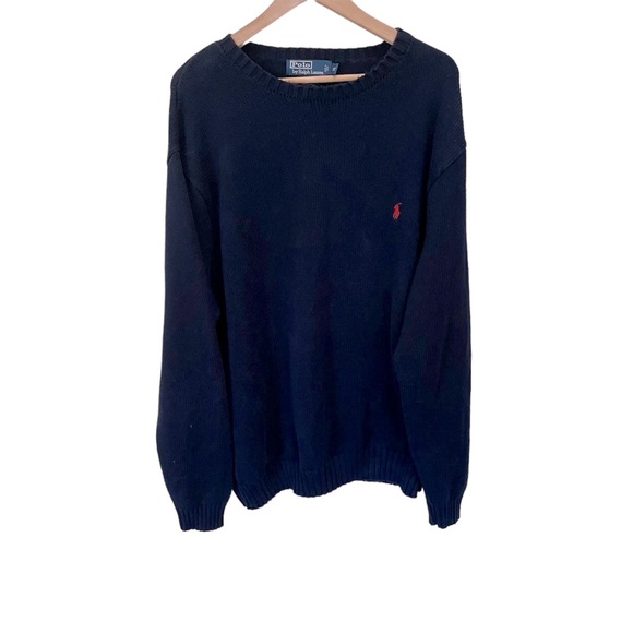 Vintage Polo Ralph Lauren Crewneck Sweater 100% Cotton Navy Red Polo Pony 3LT - Picture 2 of 7